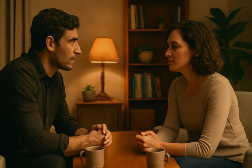 Couple discussing over coffee