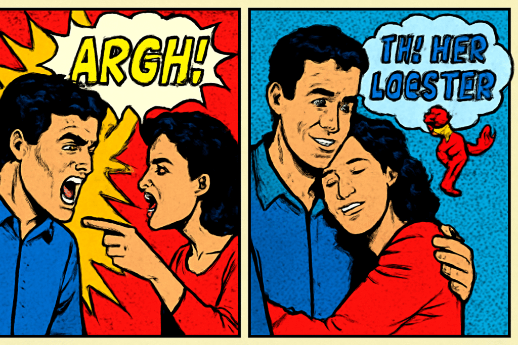 Comic couple arguing hugging
