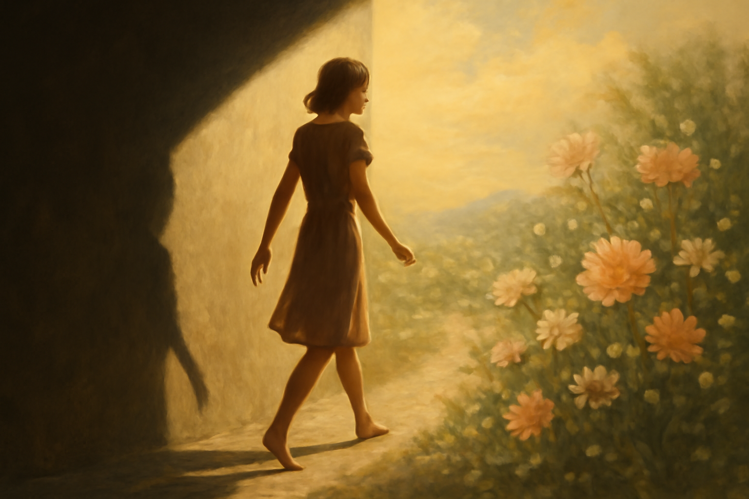Girl stepping into sunlight 