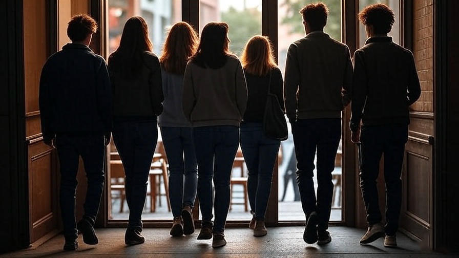Group exiting building silhouette 