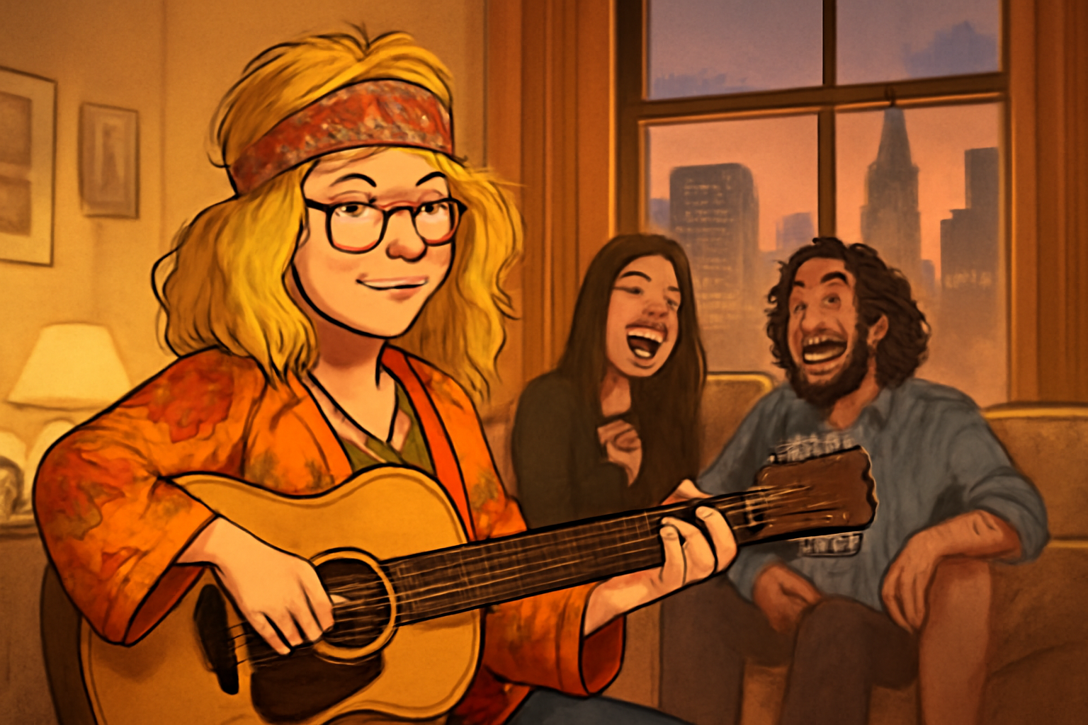 Musician playing guitar, friends