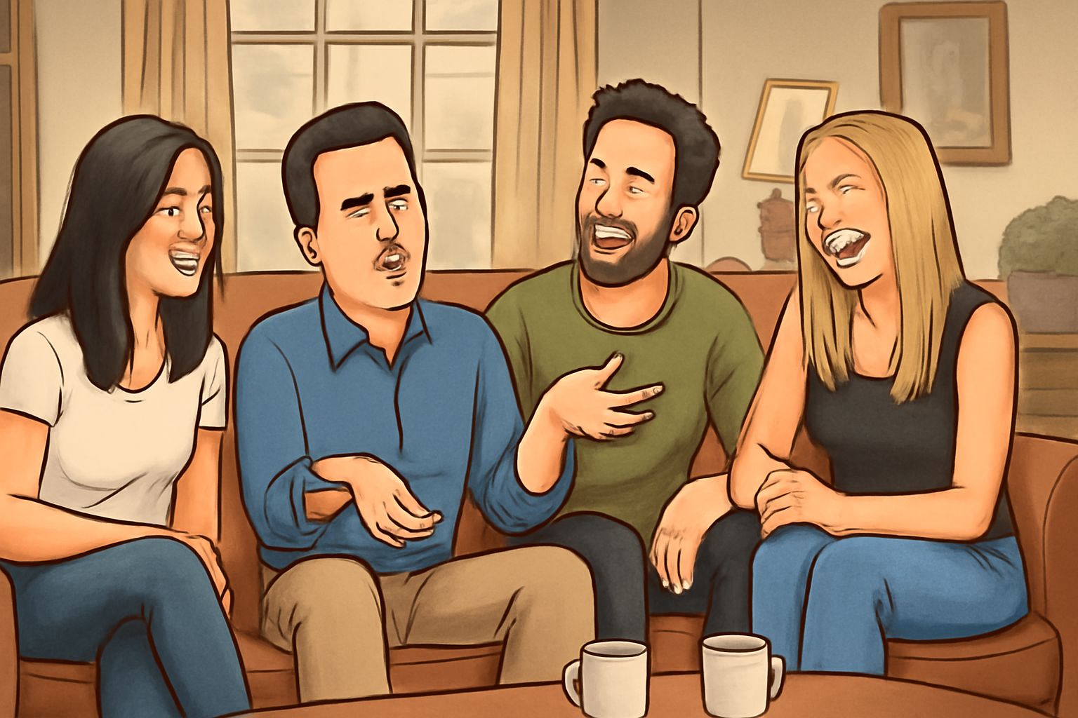 Friends laughing together couch