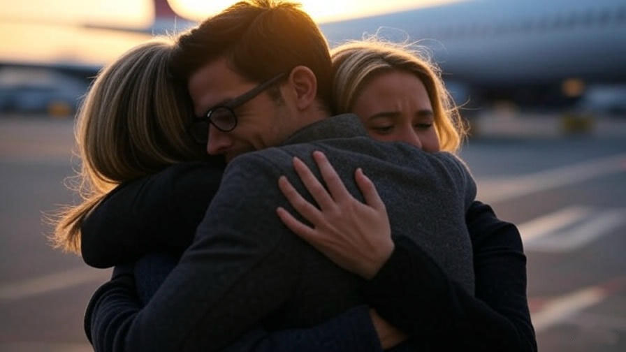 Emotional airport hug sunset 