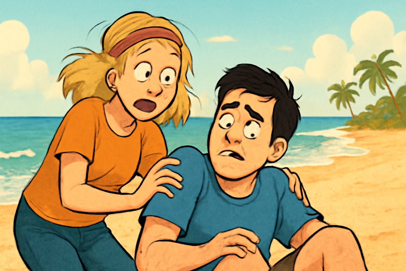 Surprised friends on beach