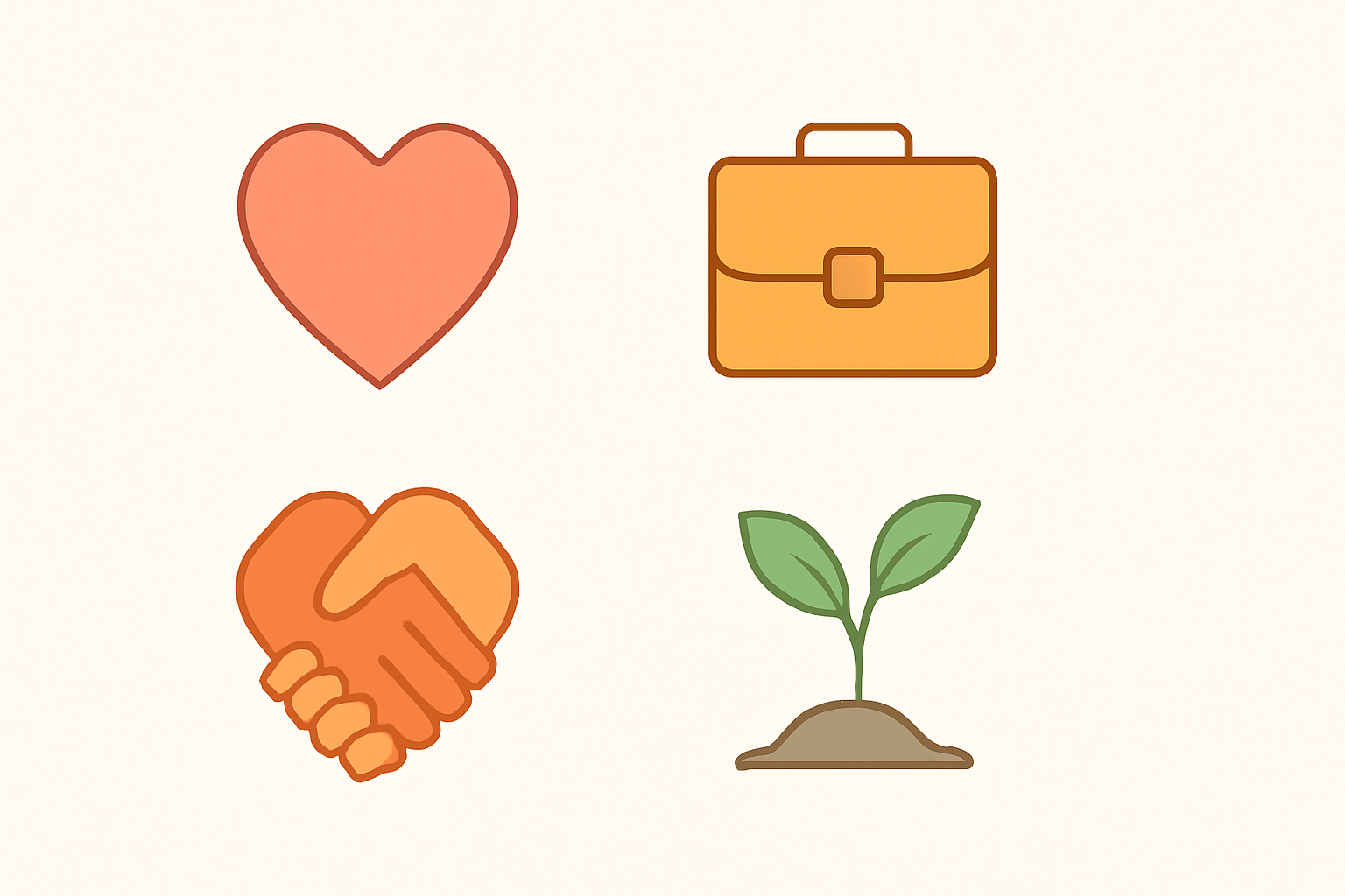 Heart, briefcase, handshake, plant 
