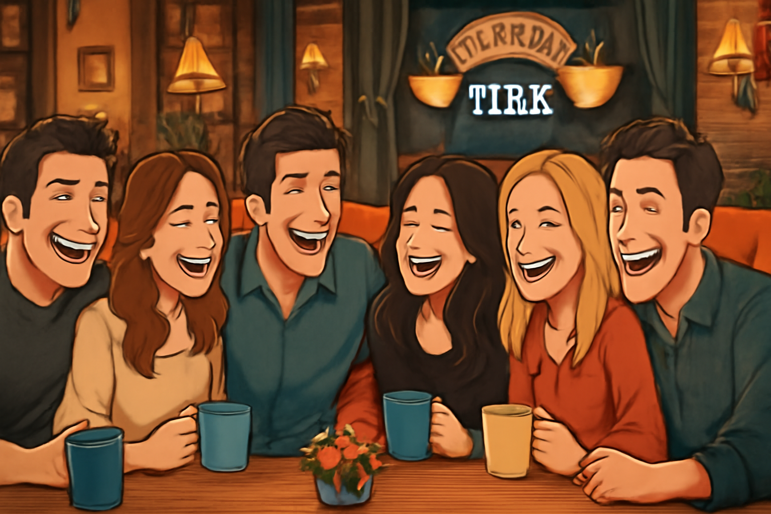 Friends laughing coffee shop