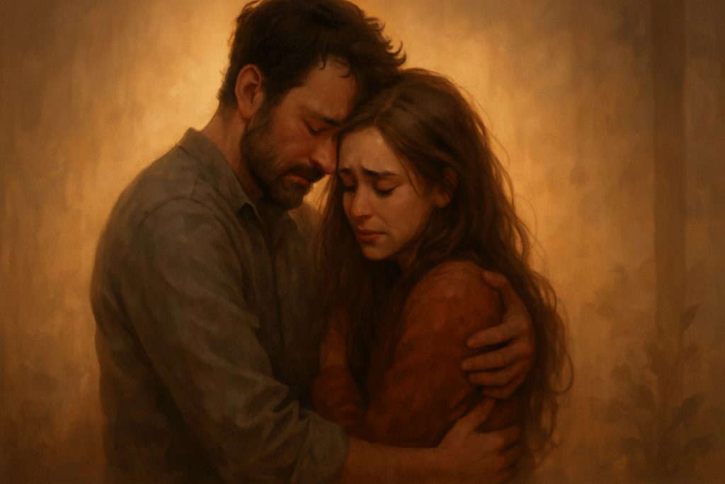 Emotional couple embracing warmly.