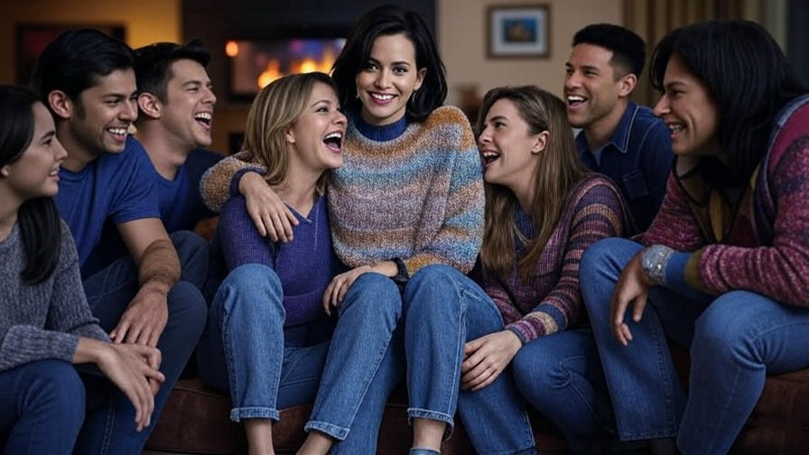 Group laughing by fireplace 