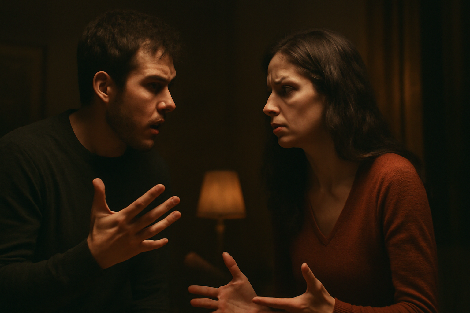 Couple arguing intensely indoors