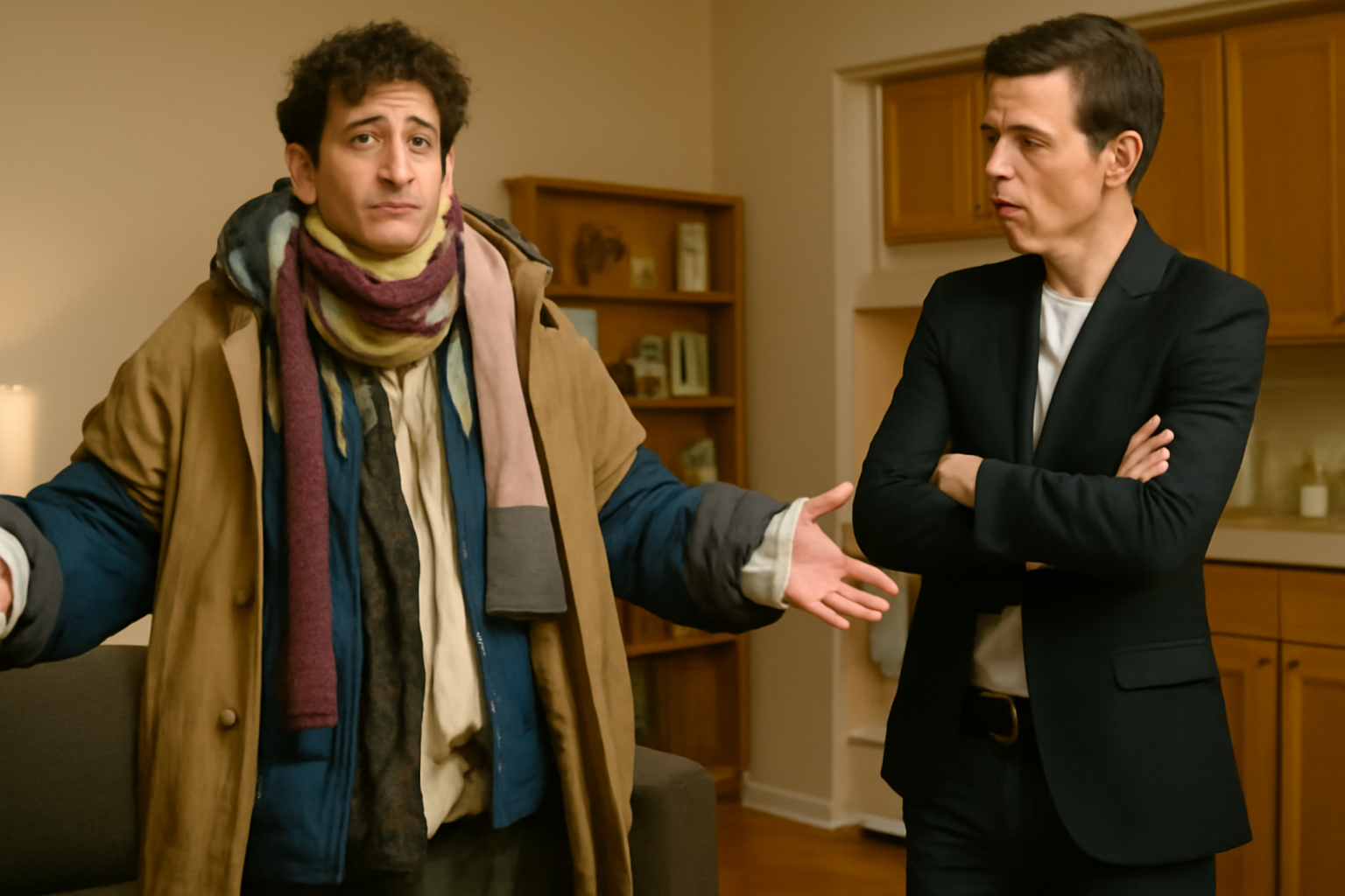 Man dressed warmly debating