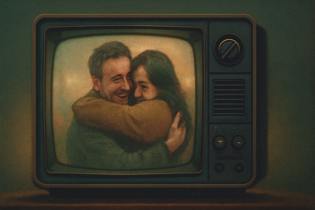 Couple hugging on vintage TV