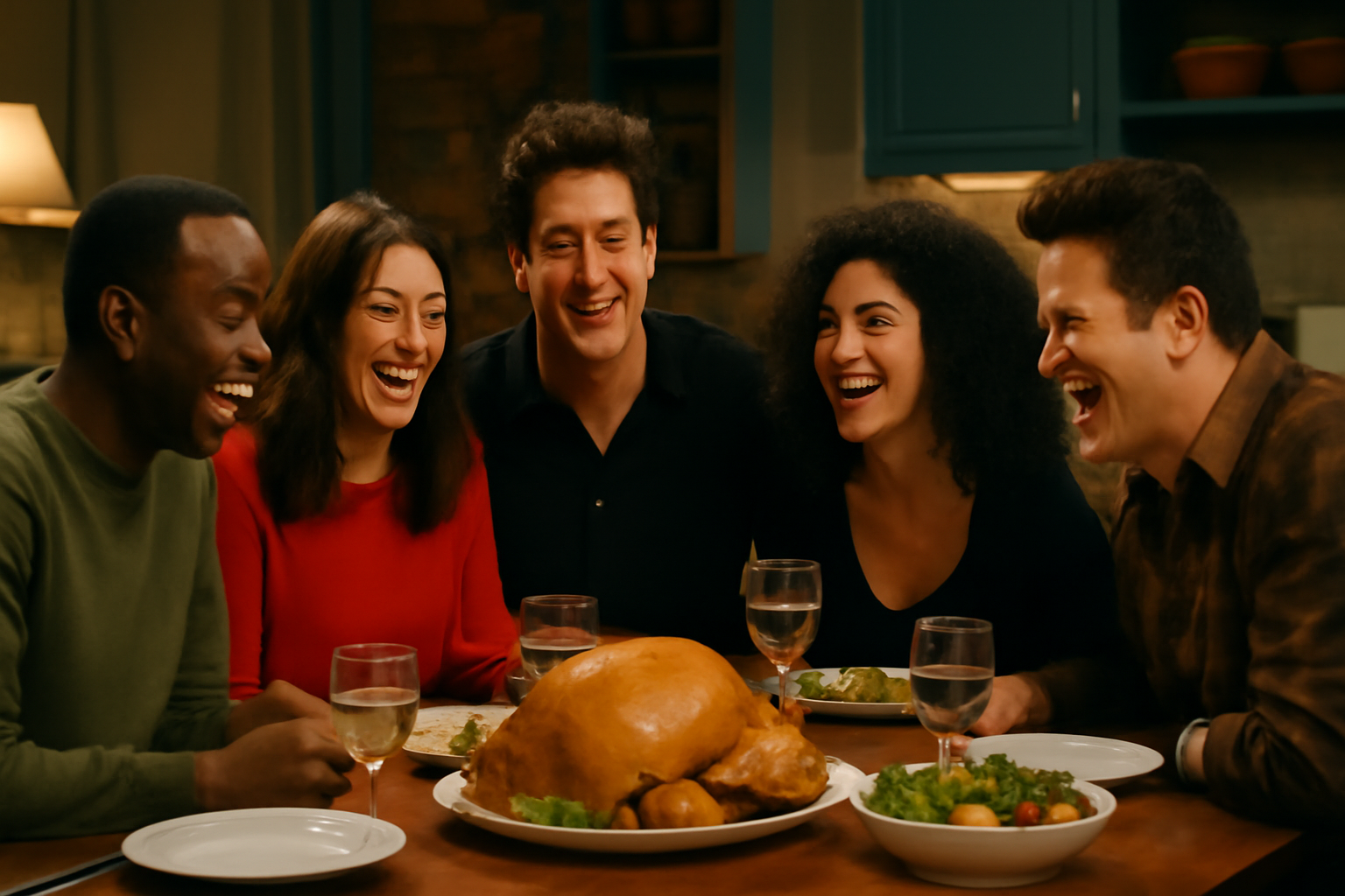 Friends Thanksgiving dinner laughter