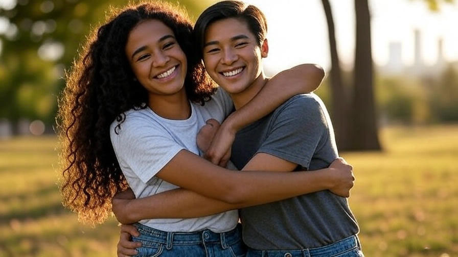 Happy couple hugging outdoors 