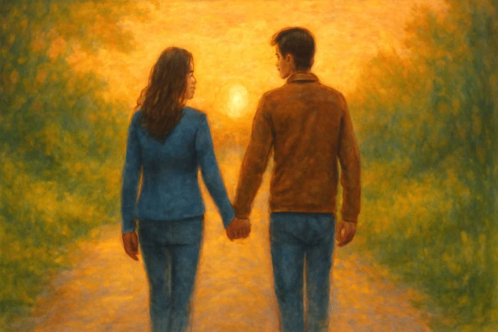 Couple holding hands sunset