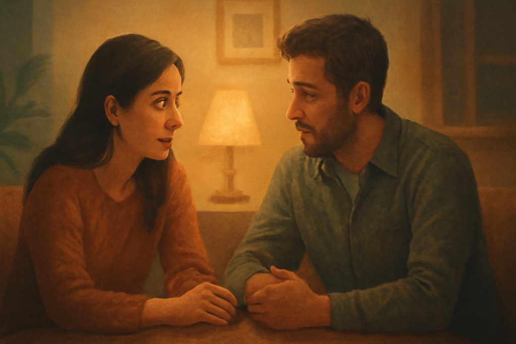 Couple talking by warm lamp