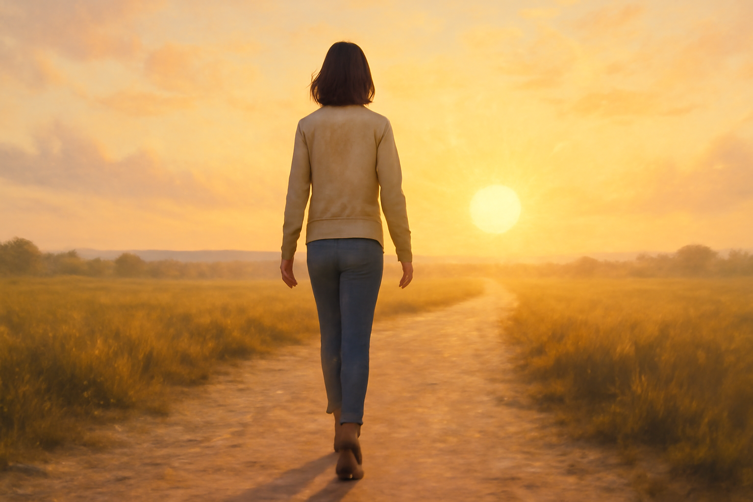 Woman walking at sunset 