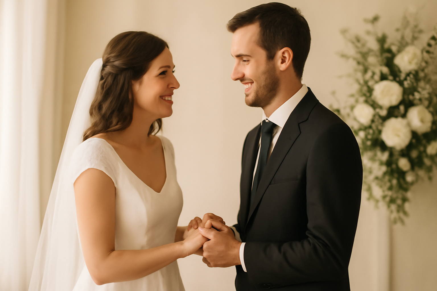 .Joyful wedding couple exchange 