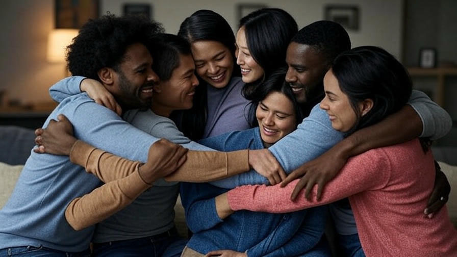 Joyful group hug moment 