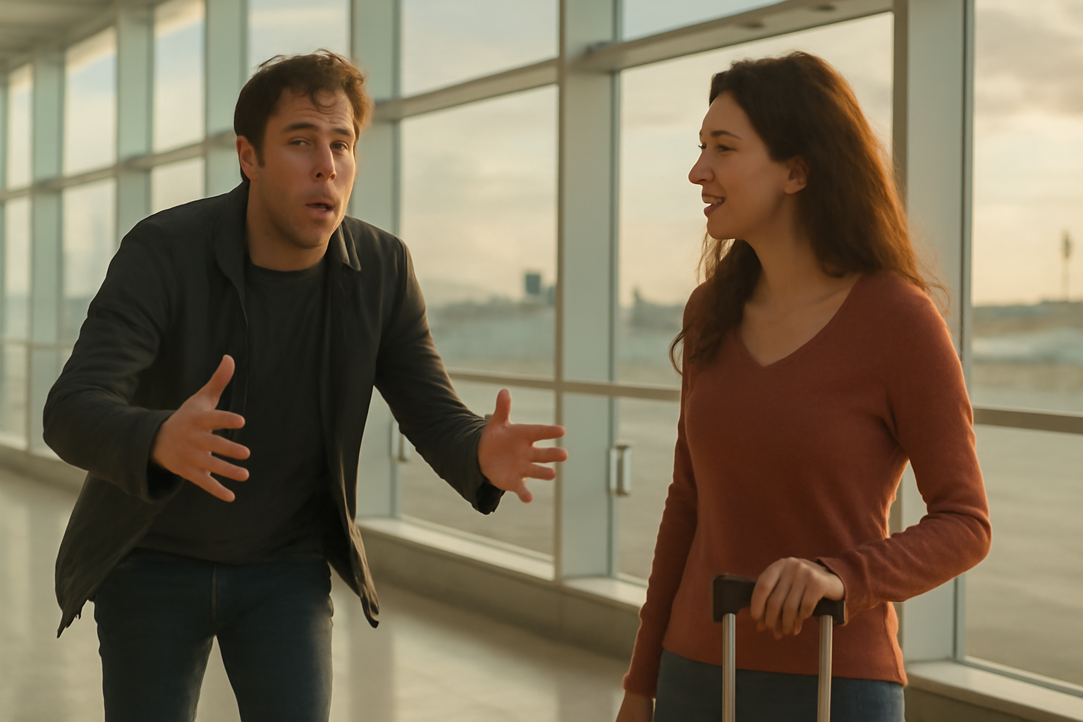 Couple arguing at airport
