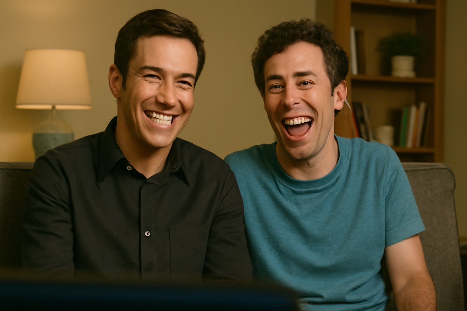 Two friends laughing together