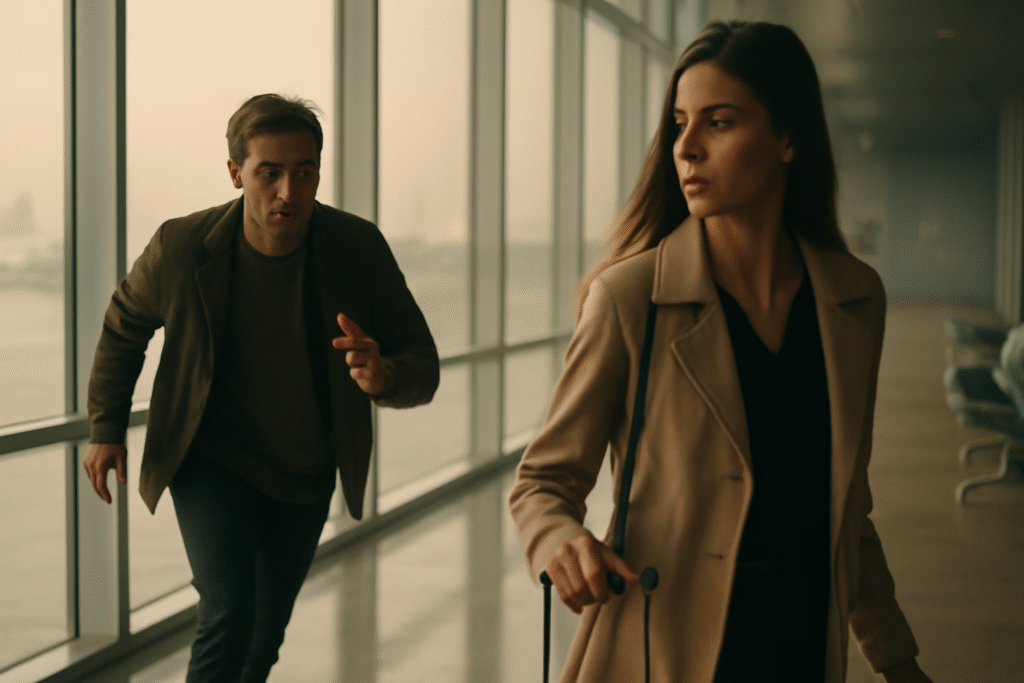 Man chasing woman airport