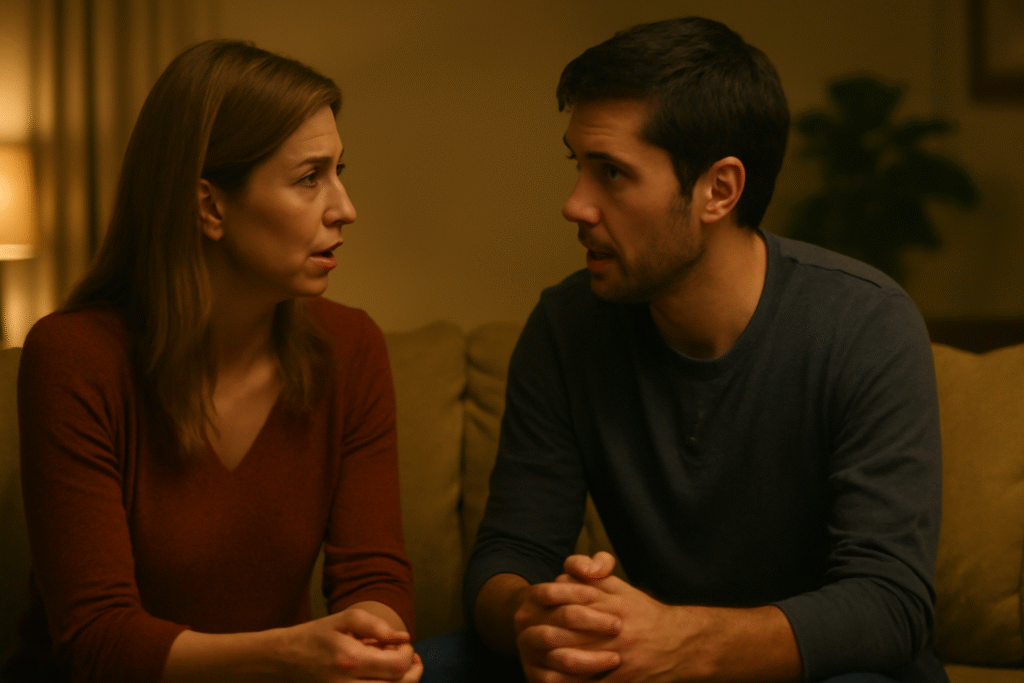 Couple talking on couch