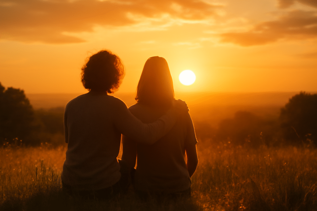Couple watching sunset together