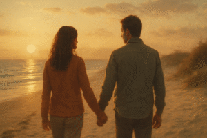 Couple holding hands at sunset