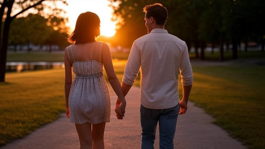 .Romantic couple sunset walk 
