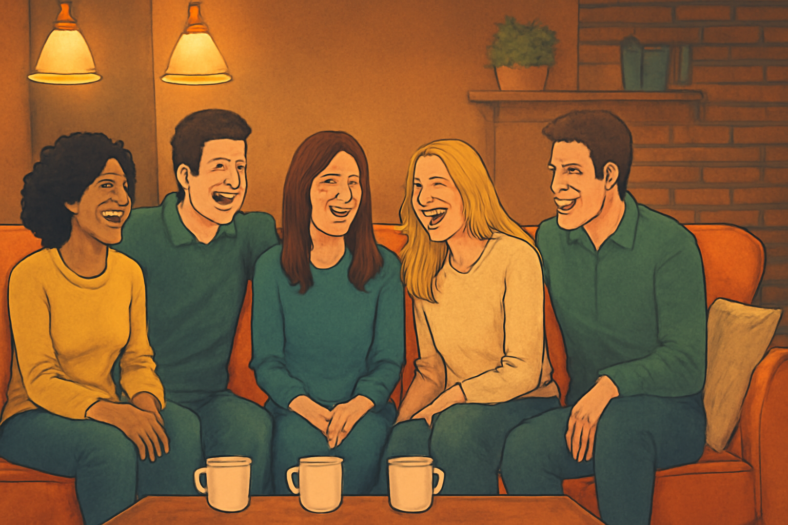 Friends laughing together couch