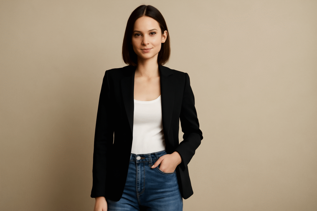 "Stylish woman wearing a black tailored blazer over a white fitted top and high-waisted blue jeans, exuding a confident, chic vibe against a neutral beige background."