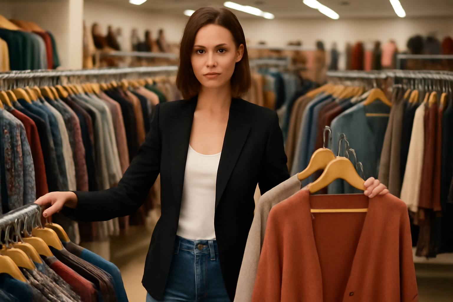 "Confident woman shopping in a thrift store, holding stylish clothing items while browsing through colorful racks of garments, dressed in a black blazer and high-waisted jeans." 