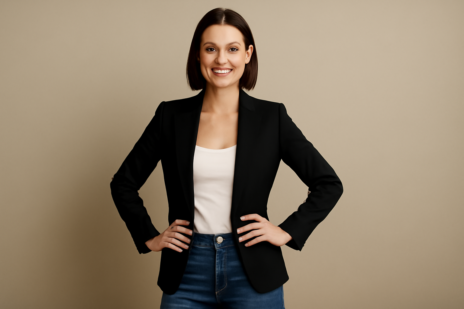 "Confident woman wearing a black tailored blazer and high-waisted jeans, smiling and standing with hands on her hips against a neutral beige background, exuding charisma and style." 