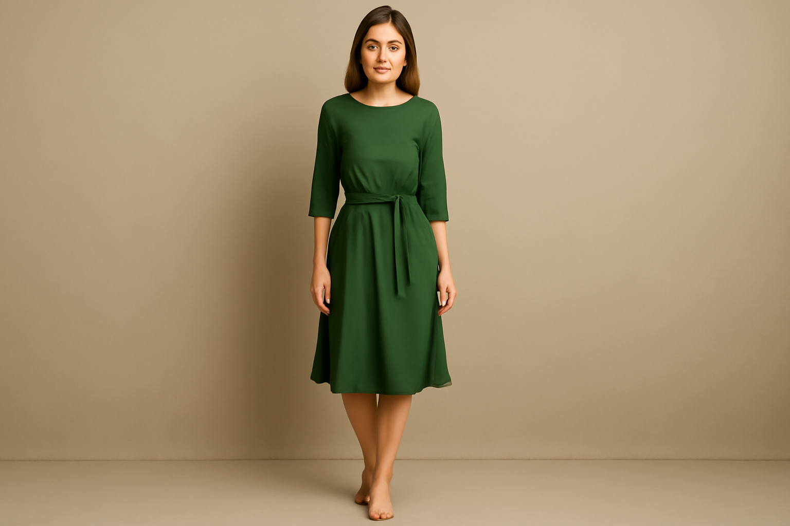 "Elegant woman wearing a green knee-length dress with a tie belt, standing barefoot against a beige background, exuding youthful charm and grace." 