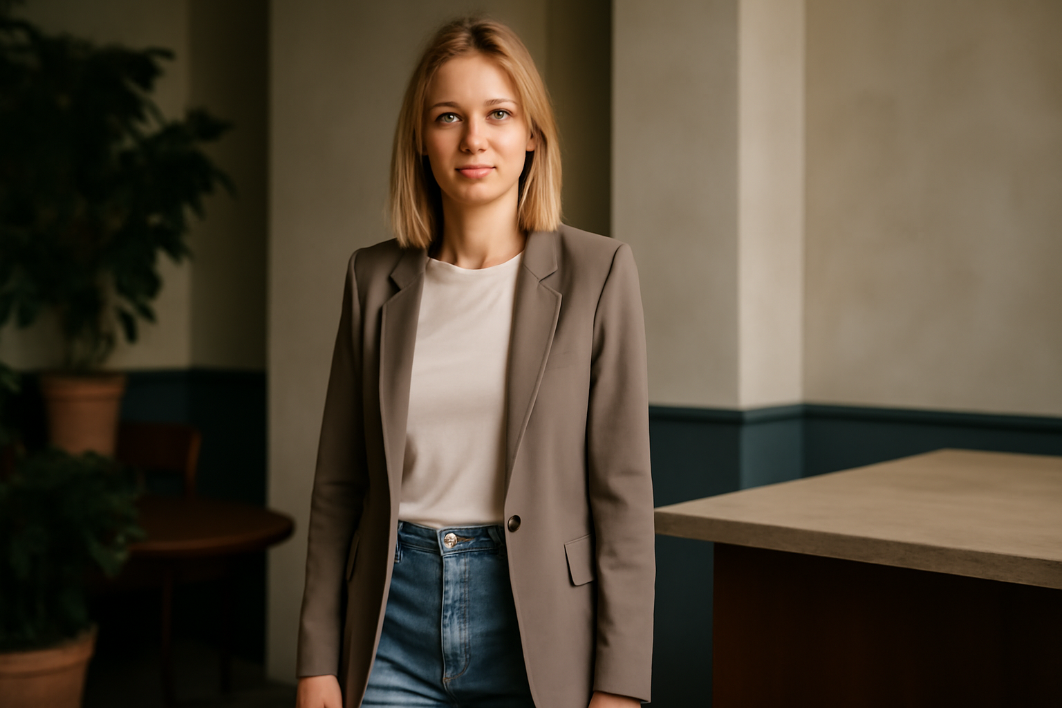 "A confident woman in a beige blazer and light blue jeans, standing in a modern, stylish interior. Her short blonde hair frames her face as she looks directly at the camera, exuding a professional and approachable demeanor."