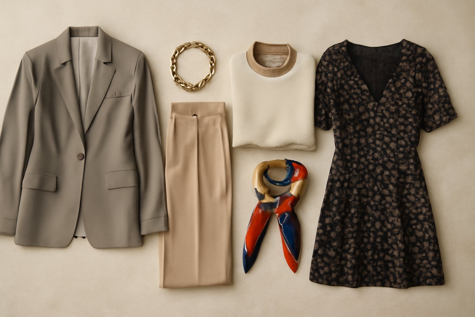 "Chic fashion flat lay featuring a beige blazer, beige trousers, white sweater, black patterned dress, colorful scarf, and statement jewelry, perfect for modern, stylish outfits."