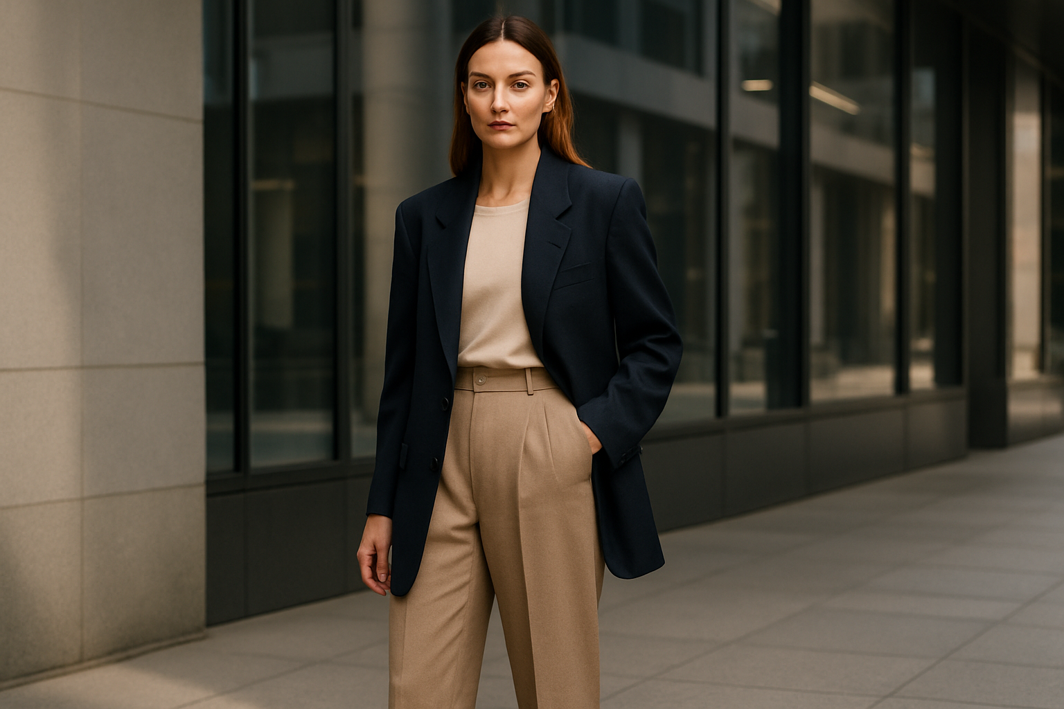 "Confident woman wearing a navy blazer and beige trousers, standing outdoors in a modern urban setting, showcasing a chic, professional outfit."