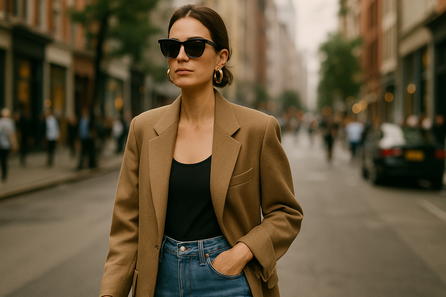 "Fashionable woman wearing a beige blazer, black tank top, and high-waisted denim jeans, accessorized with large gold hoop earrings and sunglasses, walking in an urban setting."