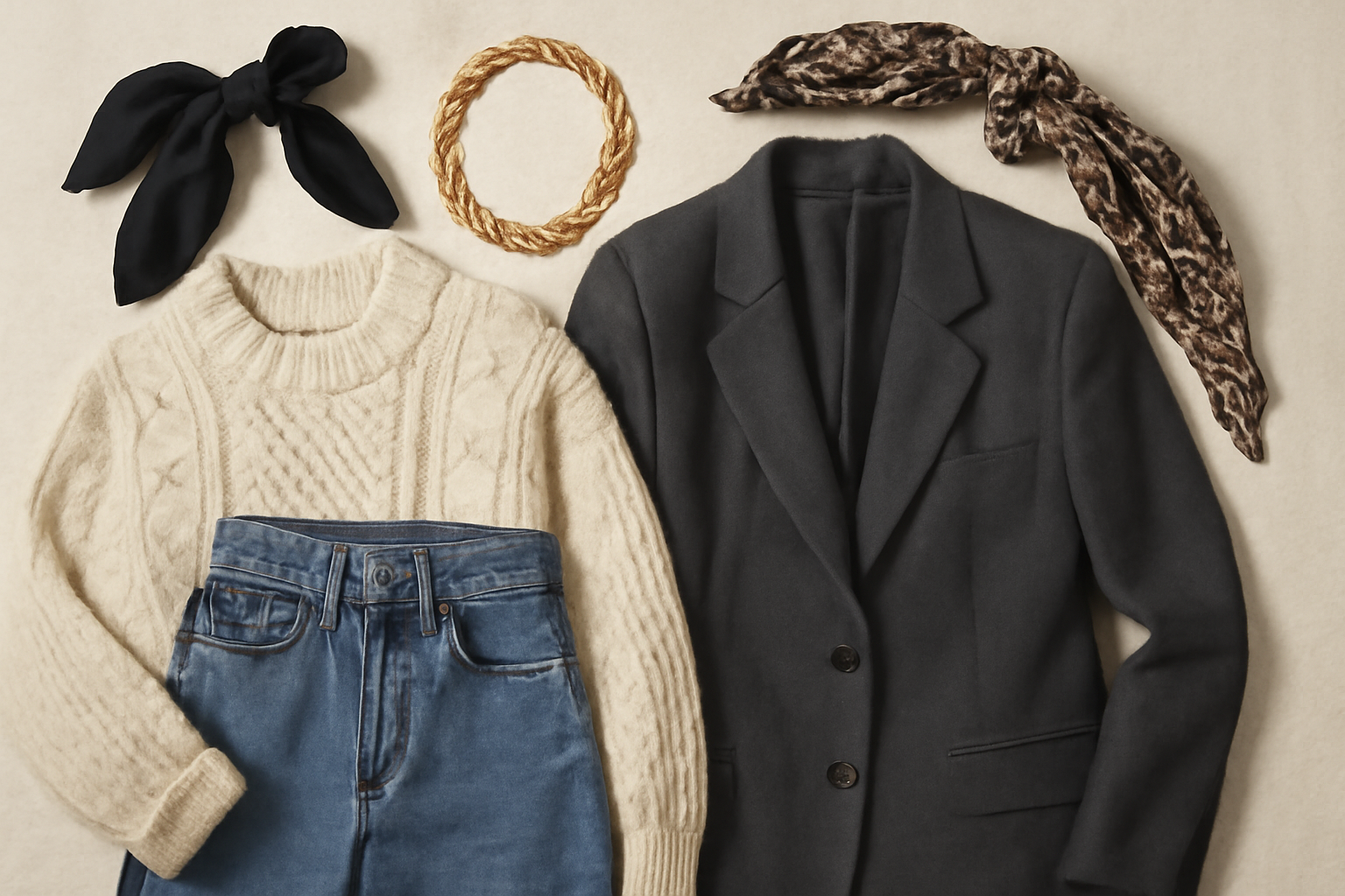 "Flat lay of a cozy winter outfit including a cream knitted sweater, blue high-waisted jeans, a black silk headband, a braided rope accessory, and a dark grey wool coat with a leopard print scarf, all arranged on a neutral beige background."