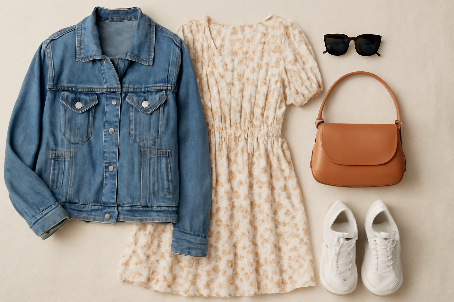"Flat lay of a casual spring outfit featuring a blue denim jacket, a floral white and beige dress, a tan leather handbag, black sunglasses, and white sneakers, all arranged on a neutral beige background."