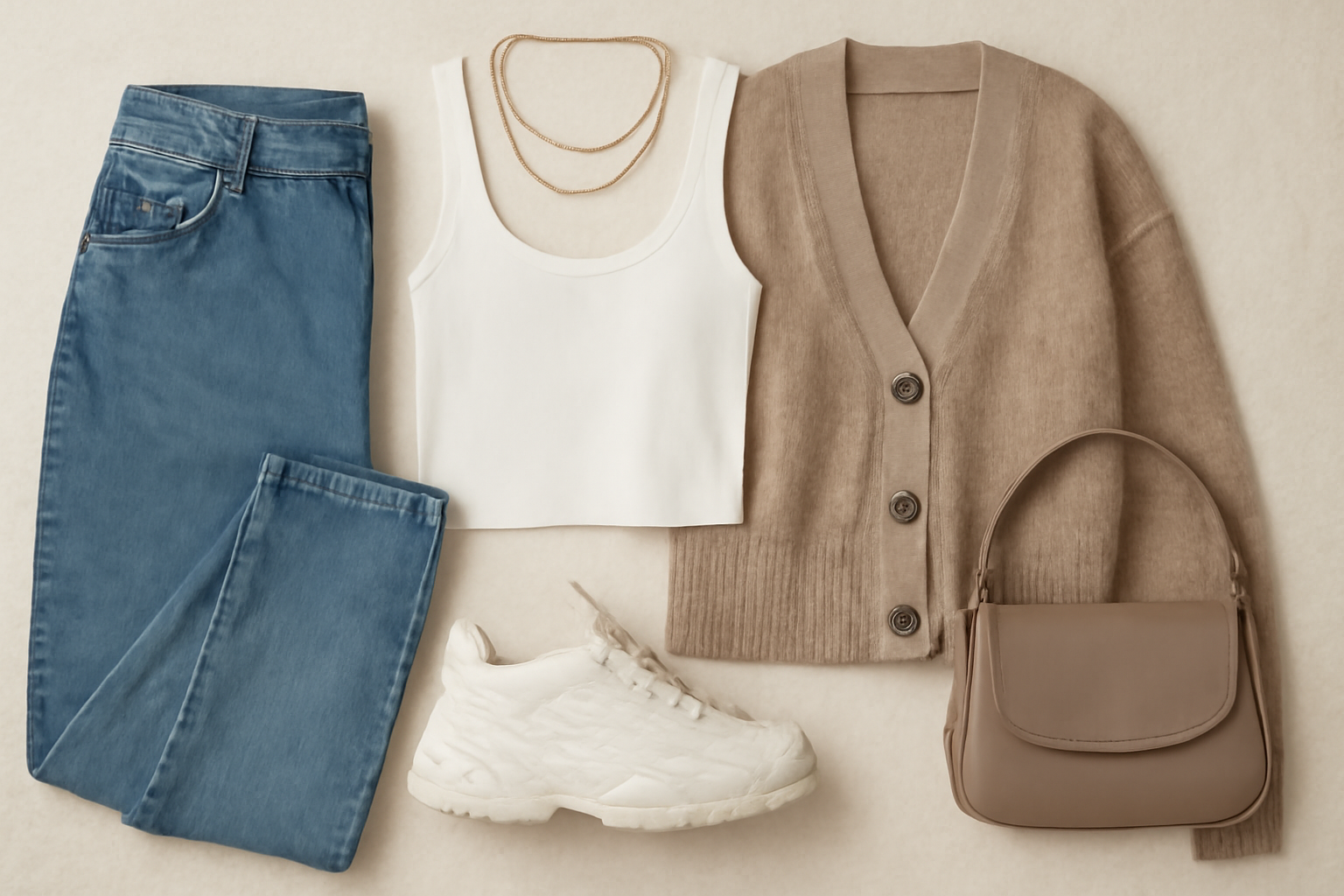 "Flat lay of a casual yet chic outfit featuring light blue jeans, a white cropped tank top, a beige cardigan, a tan leather handbag, and white sneakers, all arranged on a neutral beige background."