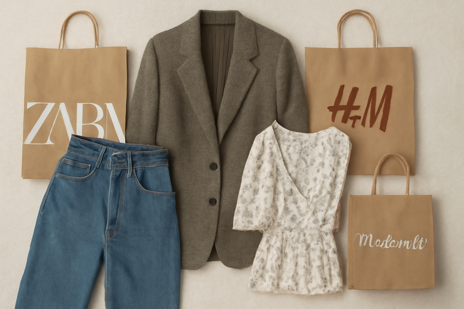 "Flat lay of a stylish outfit featuring light blue high-waisted jeans, a beige wool blazer, a floral white blouse, and brown shopping bags from ZARA, H&M, and Massimo Dutti, all arranged on a neutral beige background."