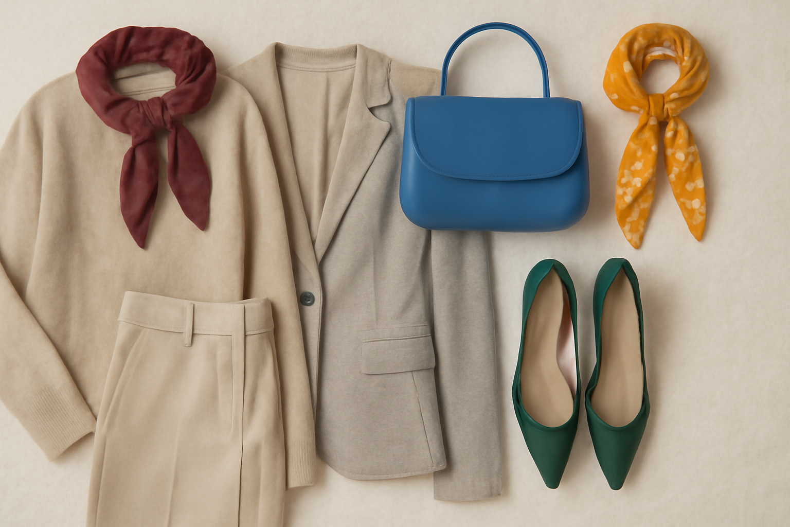 "Flat lay of a stylish outfit featuring beige wool sweater, beige trousers, grey blazer, a blue leather handbag, green pointed-toe heels, and colorful scarves in maroon and yellow, all arranged on a neutral beige background."