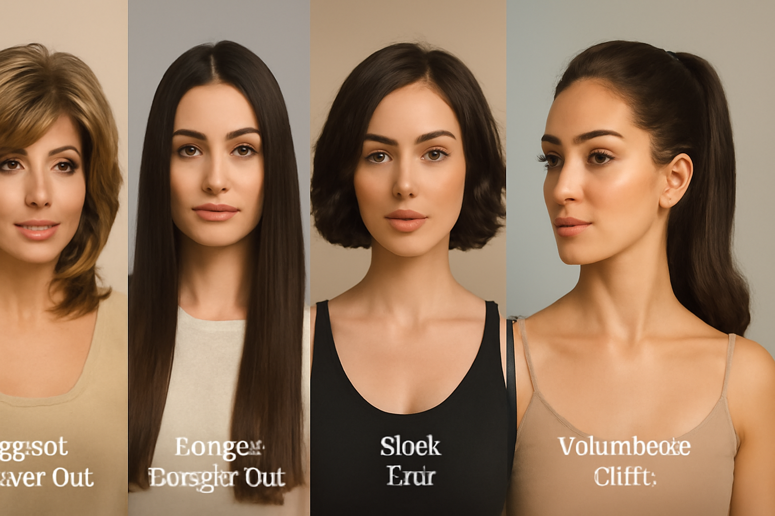 "A collection of four different hairstyles, each showing a distinct look: a voluminous layered bob, sleek long hair, soft curls, and a high ponytail. The hairstyles are labeled with names, featuring stylish and elegant looks for various occasions."