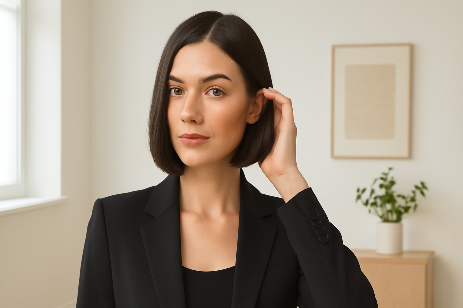 "A woman in a black blazer and black top, standing in a minimalist office setting. She is adjusting her hair while looking directly at the camera, exuding confidence and professionalism. The background includes a plant and a framed artwork."