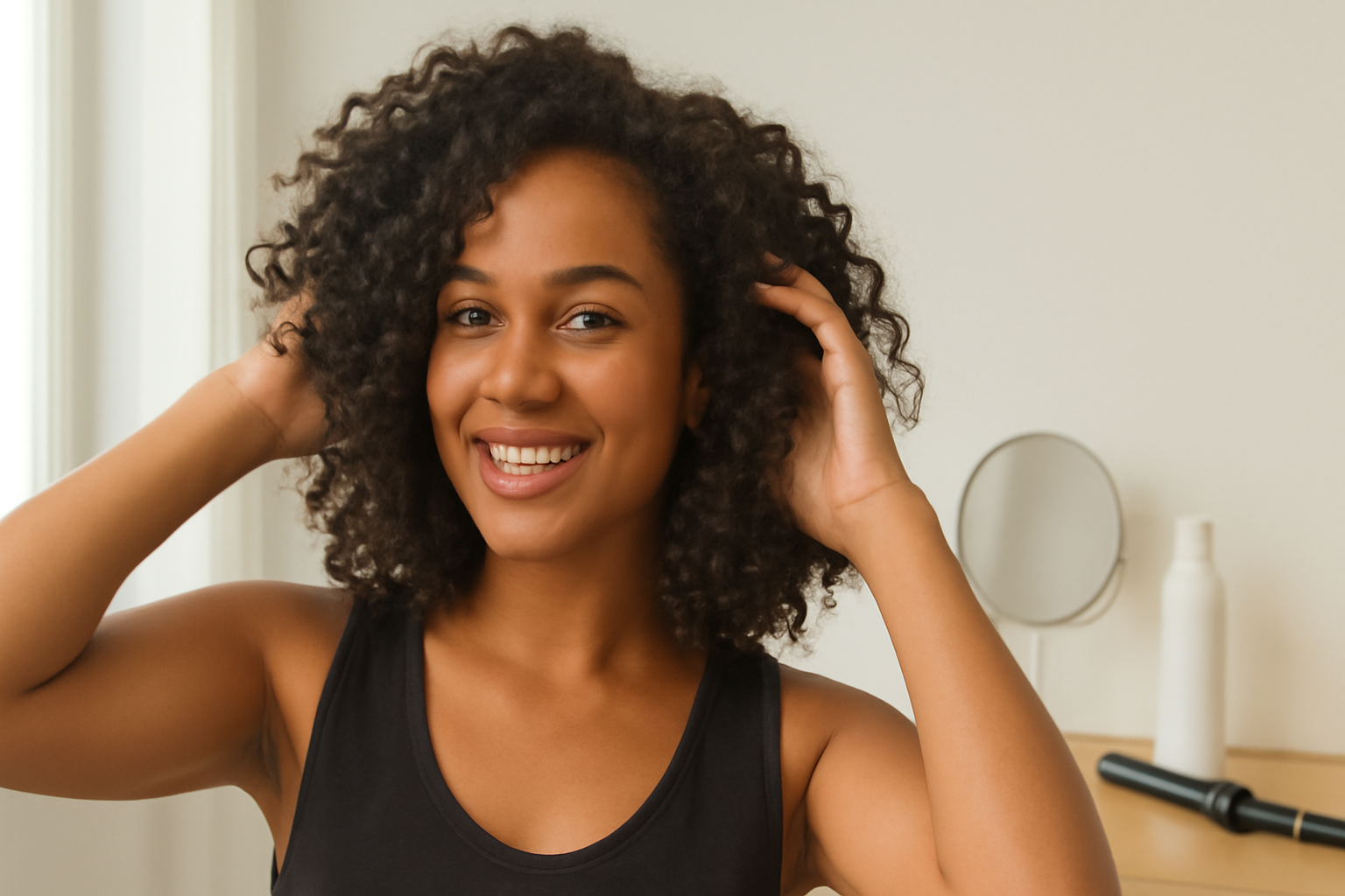 "A smiling woman with curly hair, wearing a black tank top, playfully touching her hair while standing in a bright, modern room. The background features minimalistic decor, including a mirror and hair care products."