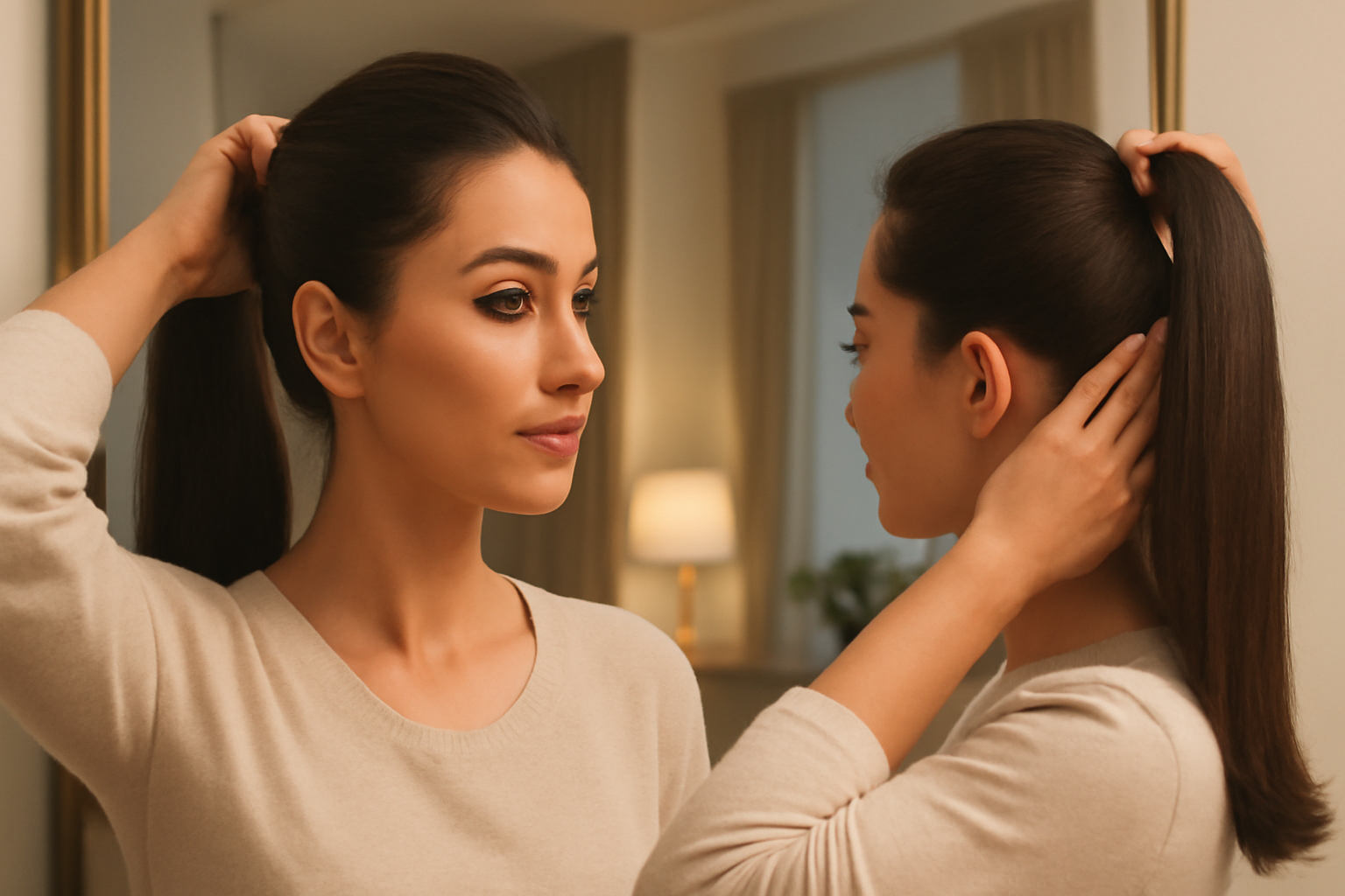 "A woman with long, sleek hair styling her ponytail in front of a mirror. She is adjusting her hair with one hand while looking at her reflection. The image captures her elegant and focused expression in a well-lit, minimalistic room."