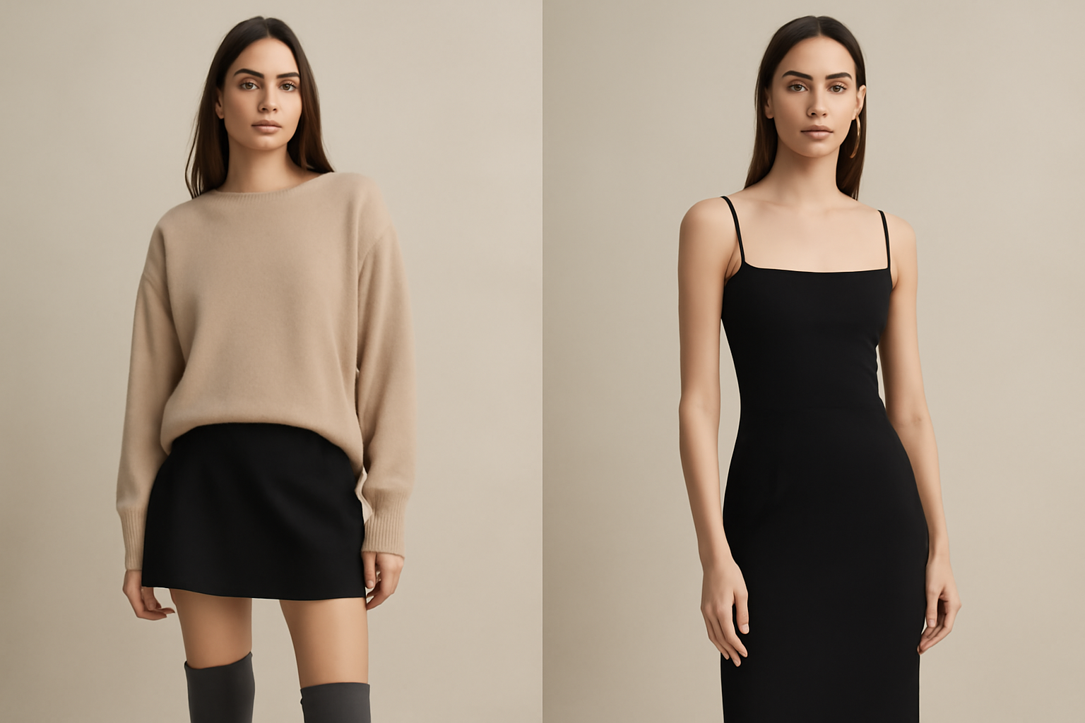 "Fashionable woman in beige oversized sweater and black mini skirt on the left, paired with a chic black slip dress on the right, showcasing stylish, versatile outfits in a minimalist setting." 