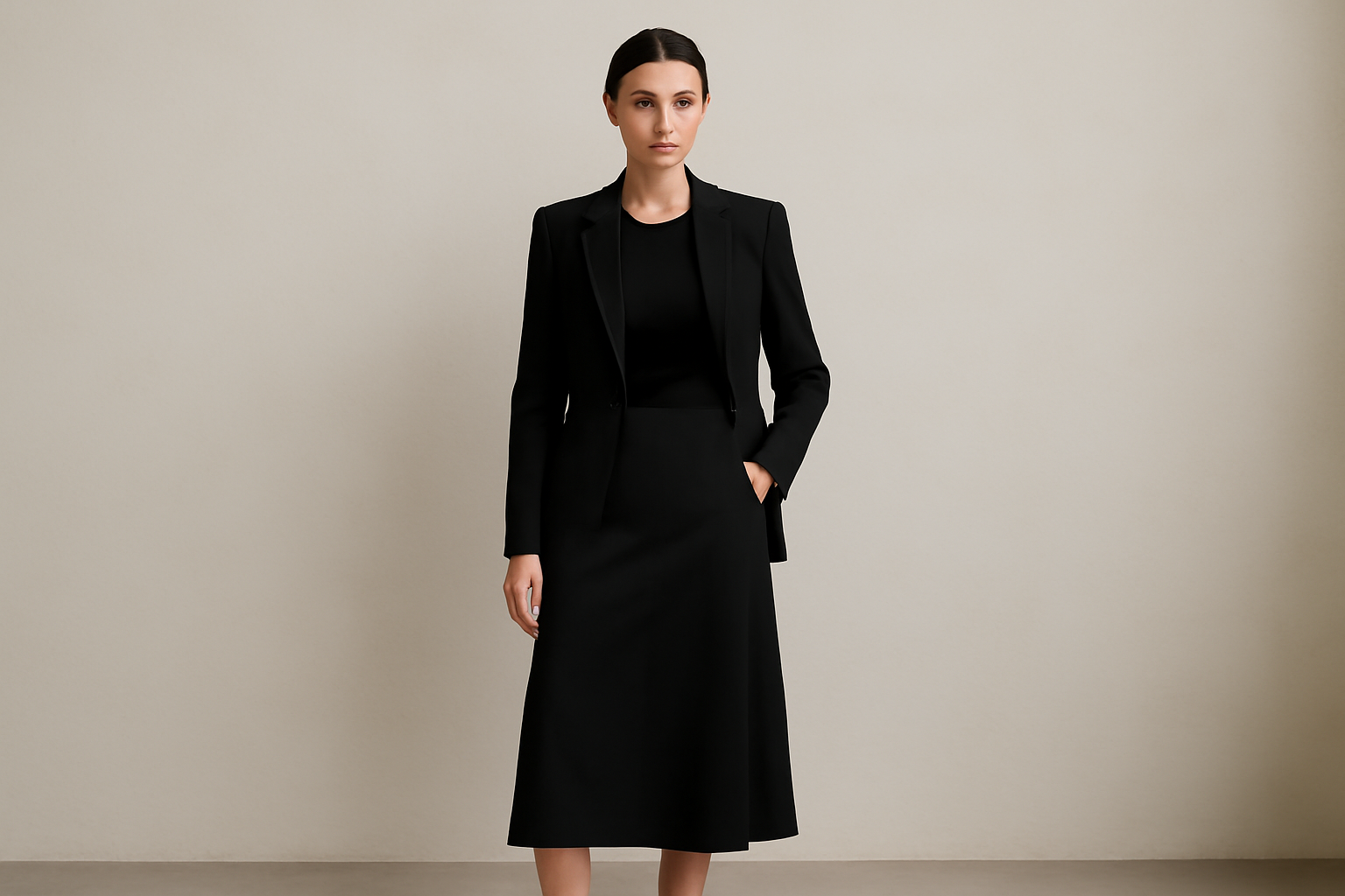 "Confident woman in a sleek black tailored blazer and matching midi skirt, exuding a professional and polished look against a neutral minimalist backdrop."