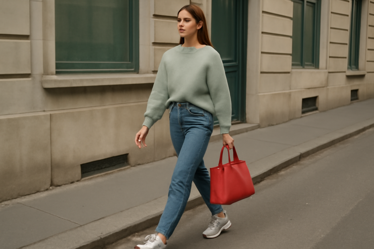 "Confident woman in a sleek black tailored blazer and matching midi skirt, exuding a professional and polished look against a neutral minimalist backdrop."